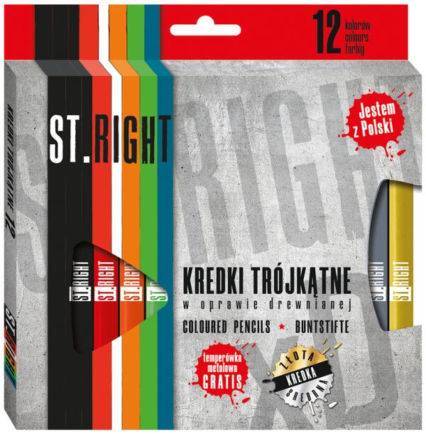 Kredki bambino 12 kolorów trójkątne w oprawie drewnianej + temperówka ST.RIGHT, St-Majewski