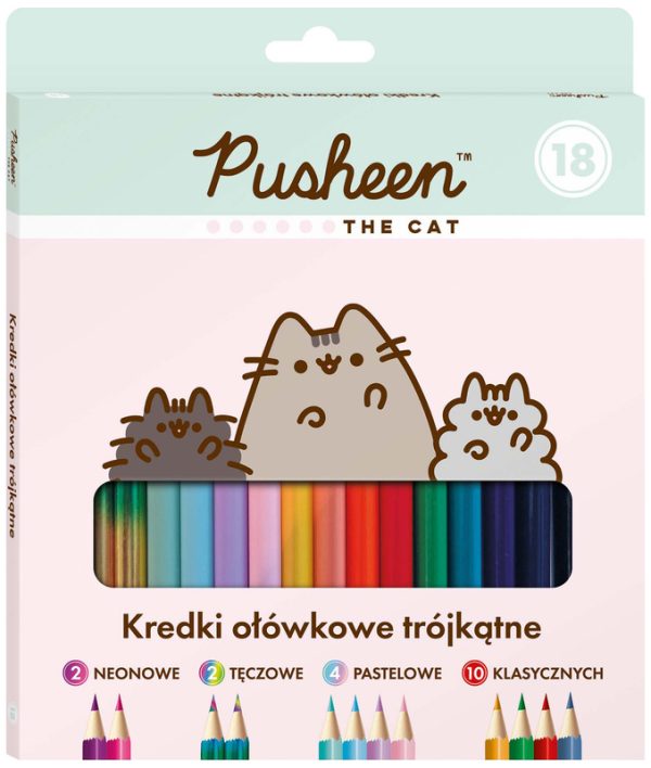 Kredki 18-kol. (10 stand.+2 noen +2 tęcza+4 pastel) 18 cm Pusheen, St.Majewski